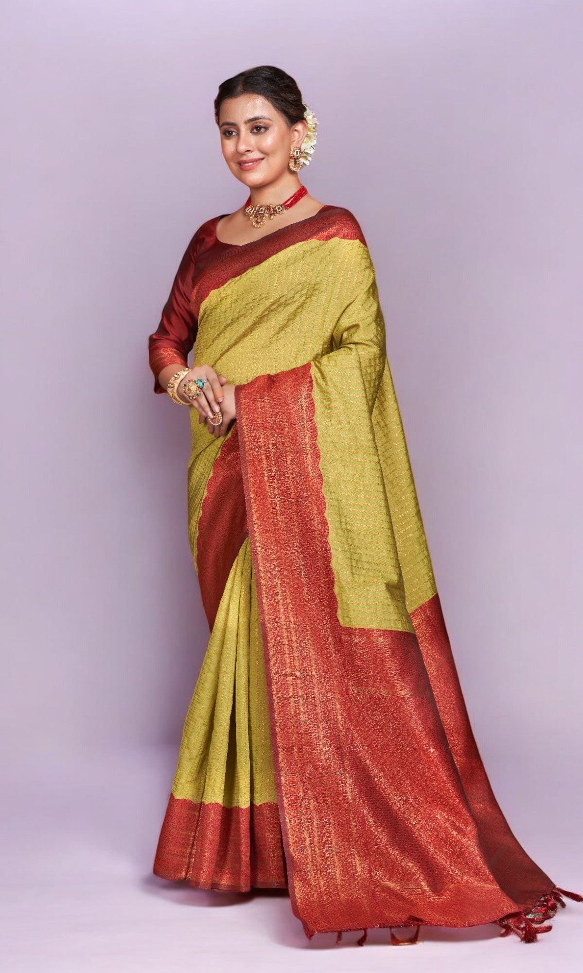 Lime Green Silk Saree With Vibrant Jacquard Border