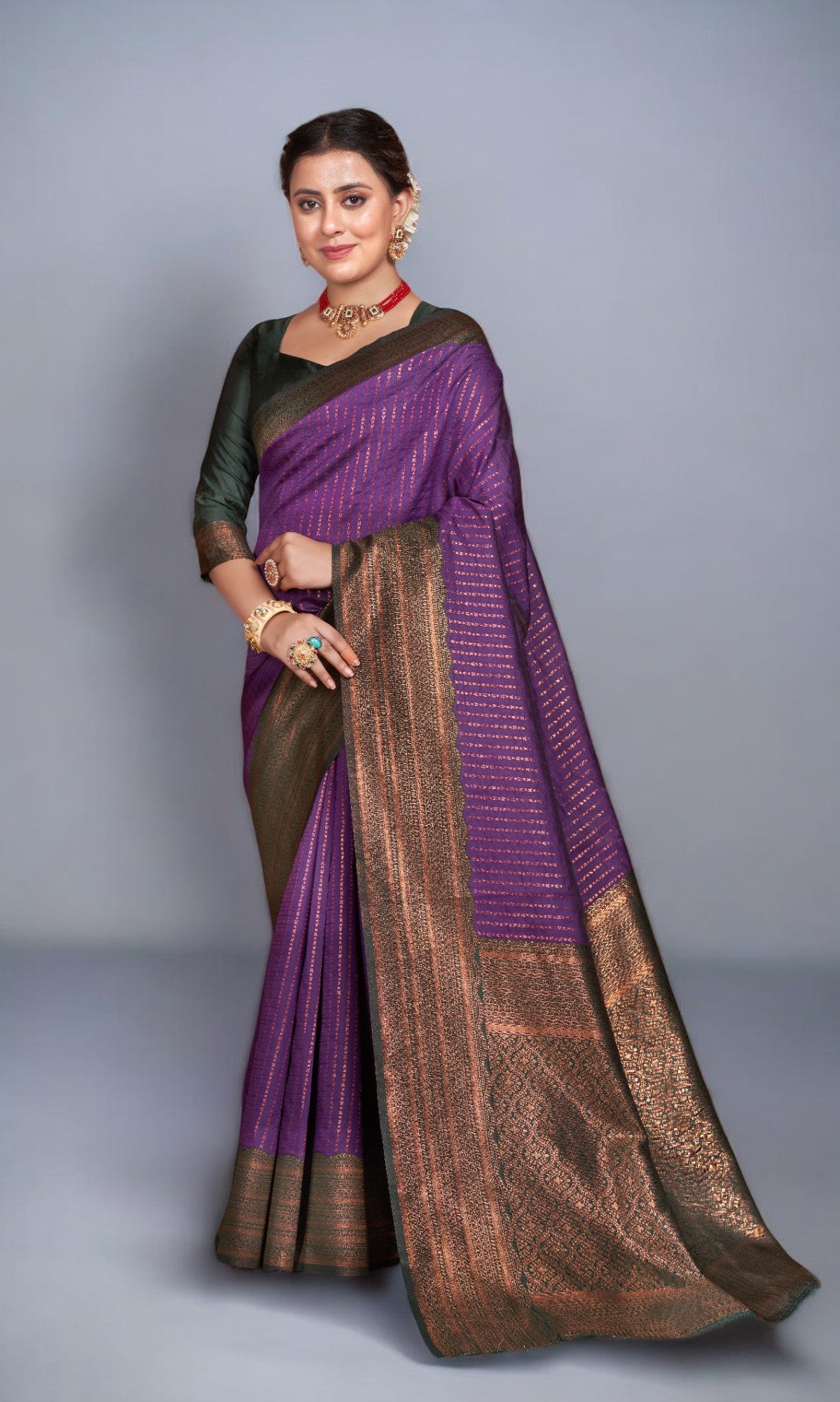 Deep Violet Silk Saree With Vibrant Jacquard Border