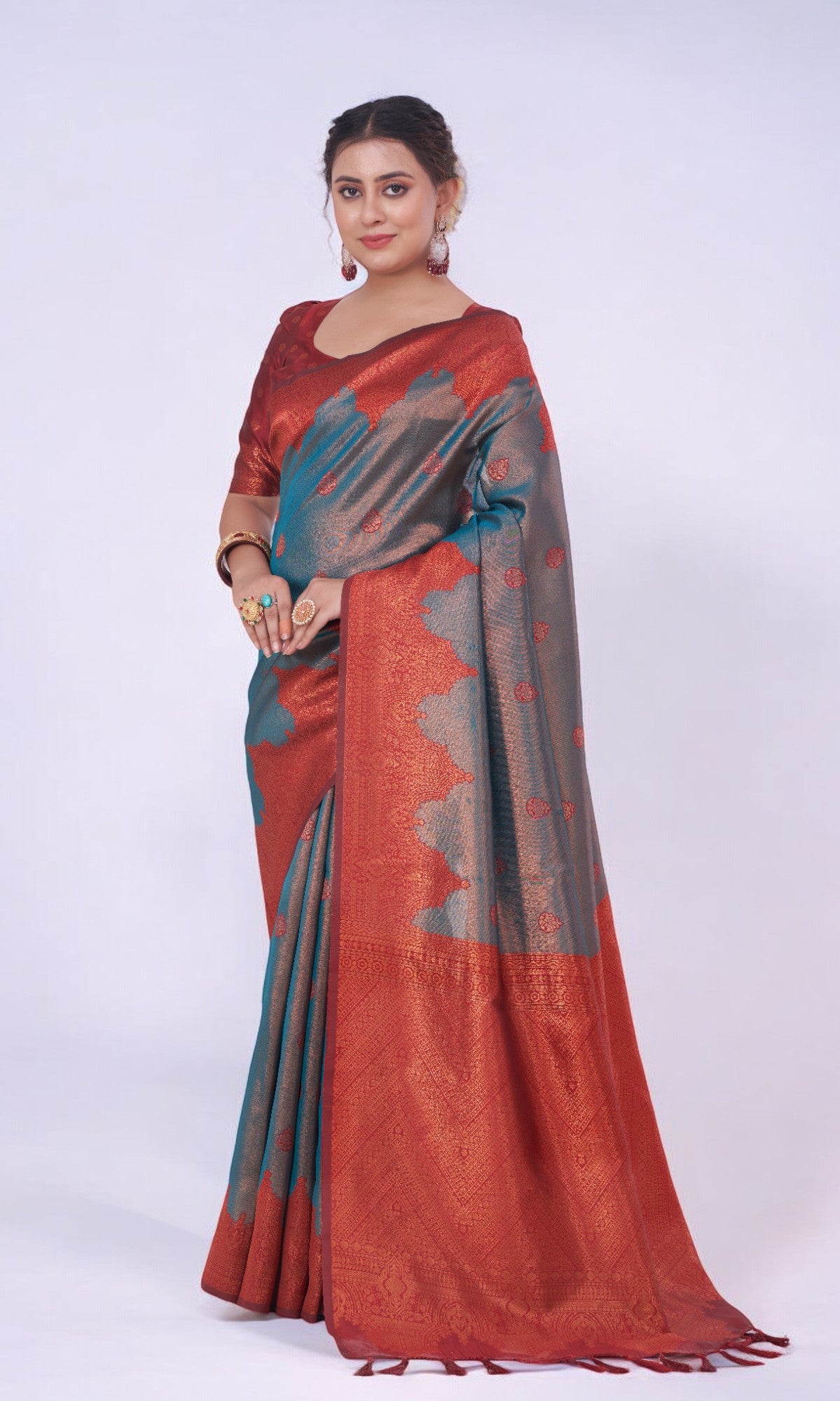 Teal Blue Silk Saree With Jari Work