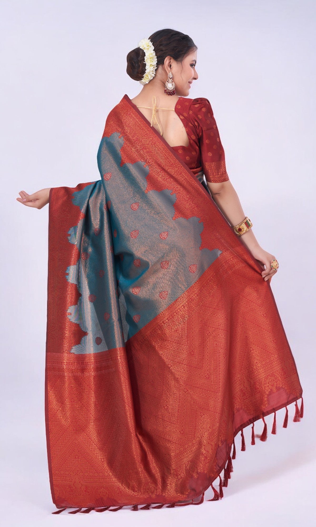 Teal Blue Silk Saree With Jari Work