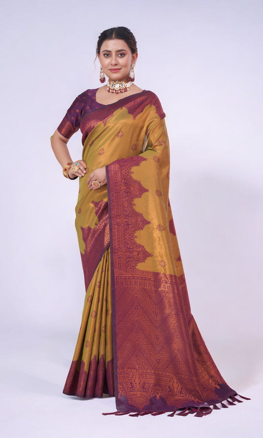 Golden Yellow Silk Saree With Jari Work