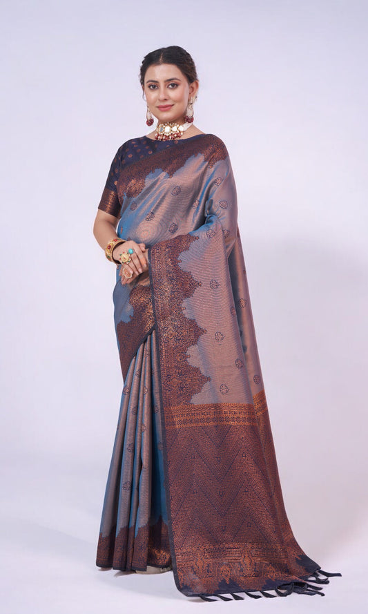 Aegean Blue Silk Saree With Jari Work