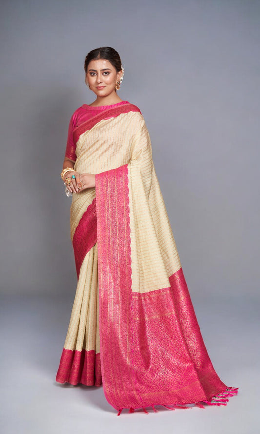 Ivory Silk Saree With Vibrant Jacquard Border