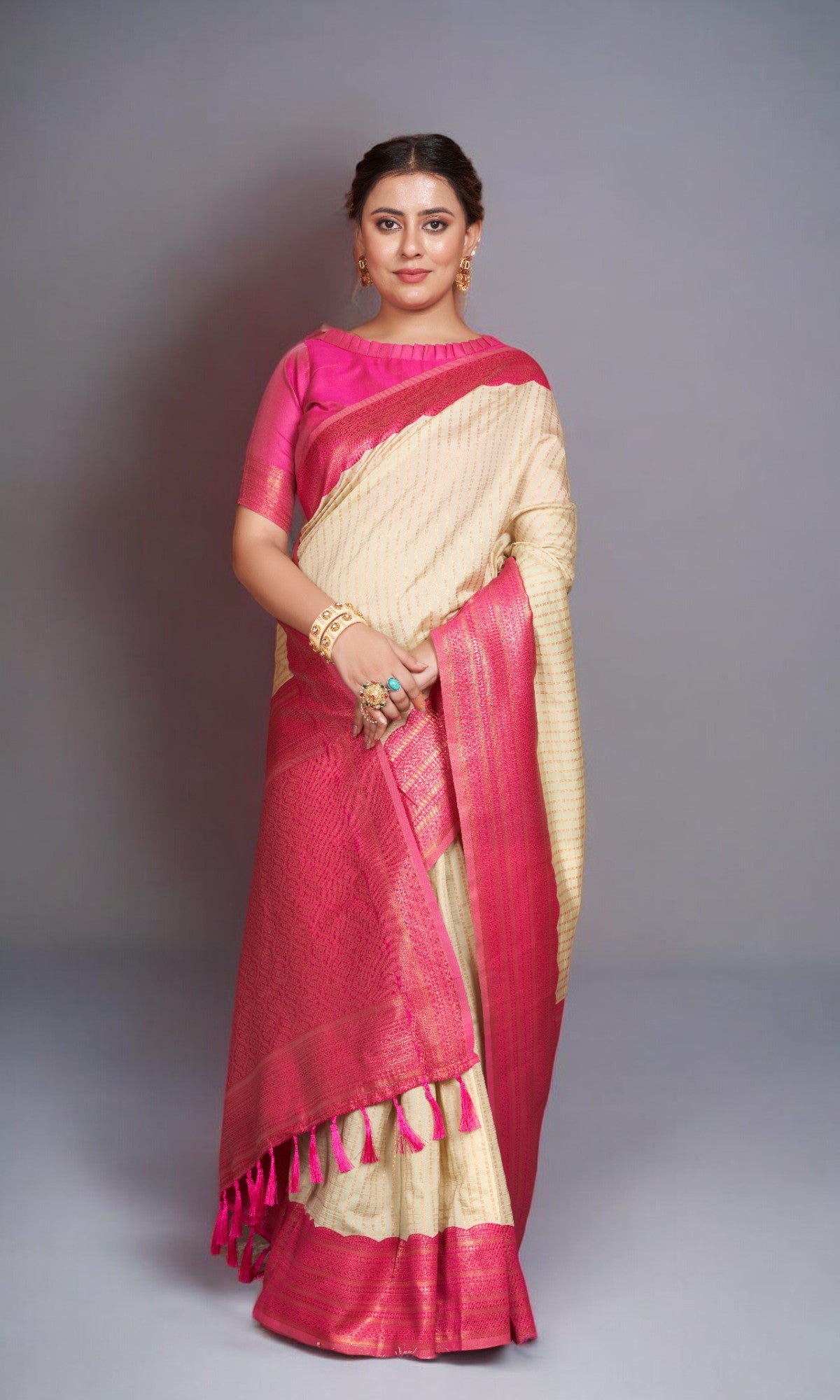 Ivory Silk Saree With Vibrant Jacquard Border