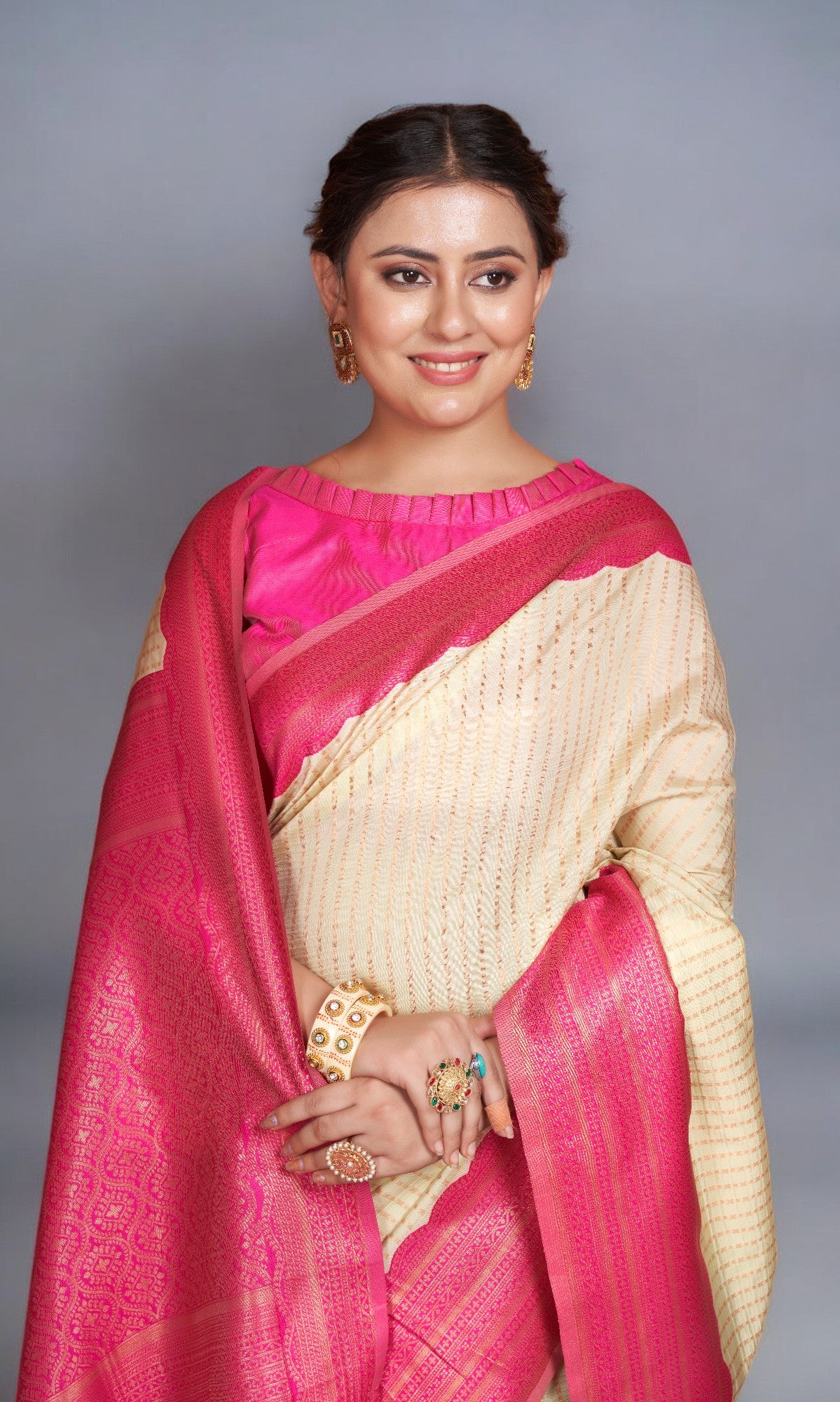 Ivory Silk Saree With Vibrant Jacquard Border