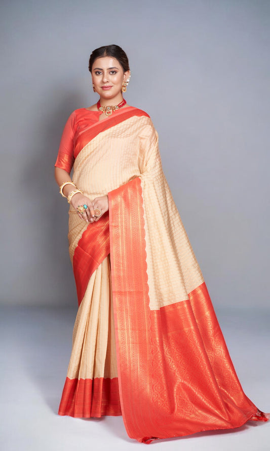 Golden Cream Silk Saree With Vibrant Jacquard Border