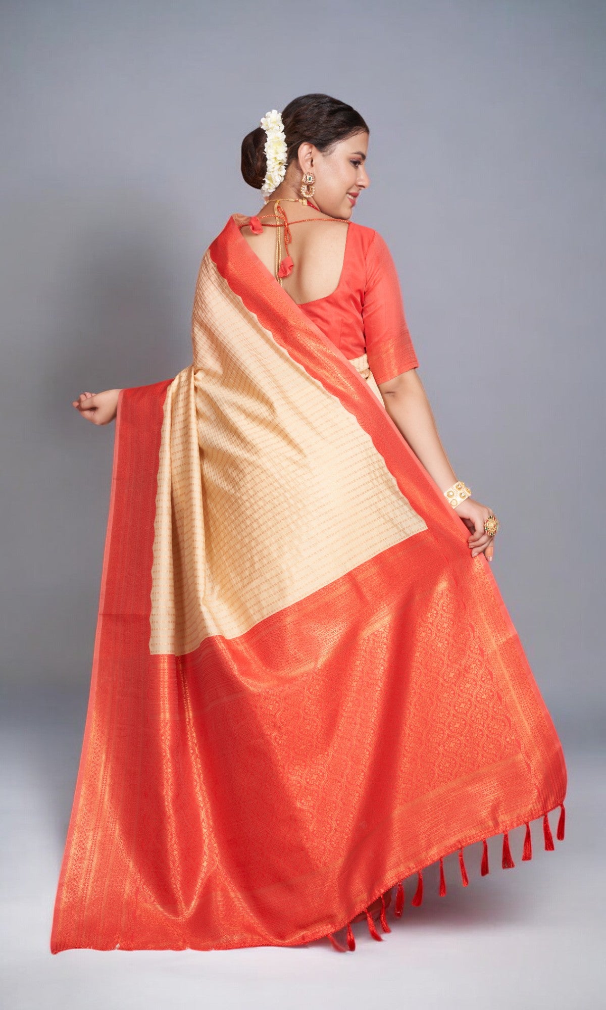 Golden Cream Silk Saree With Vibrant Jacquard Border