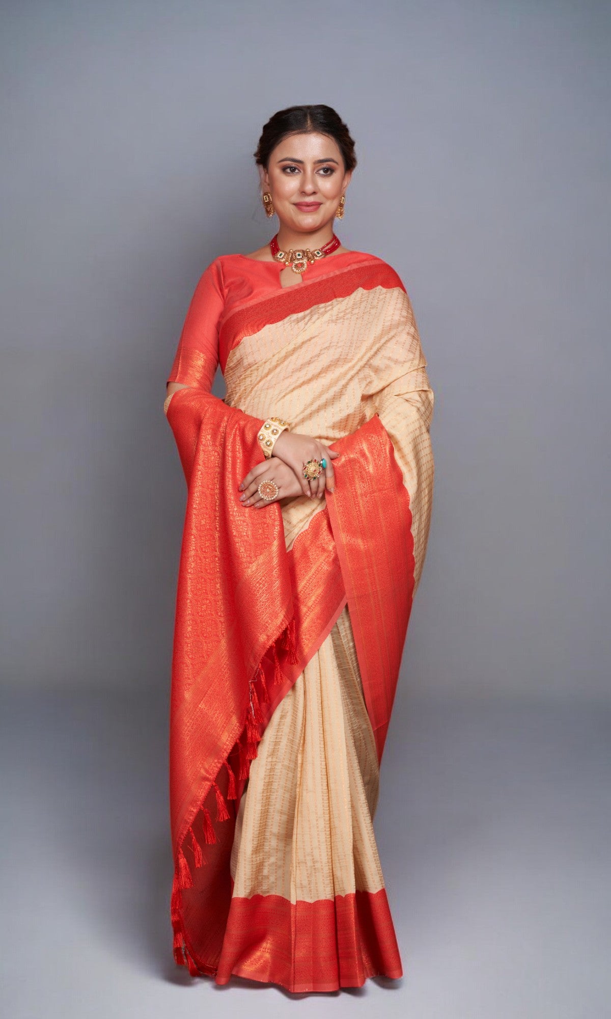 Golden Cream Silk Saree With Vibrant Jacquard Border