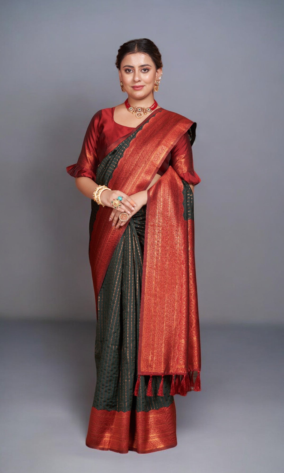 Dark Green Silk Saree With Vibrant Jacquard Border